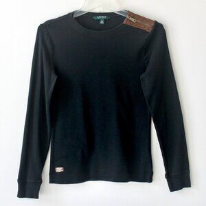 Ralph Lauren Cotton Black Suede Elbow Patch Long-Sleeve T-Shirt Blouse Medium